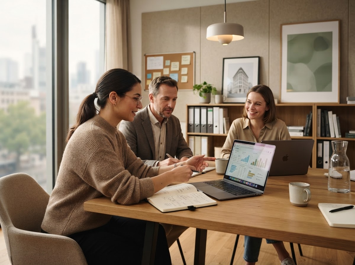 Säule Monrevox – Team bei der Analyse von Finanzdaten am Arbeitsplatz